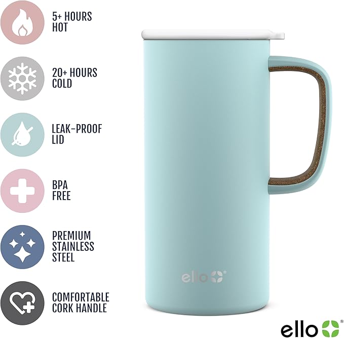Ello Campy 18oz Stainless Steel Travel Mug with Handle and Leak Proof Lid | Vacuum Insulated Coffee Cup for Hot or Cold Drinks | Reusable, BPA Free | Gift for Coffee Lovers, Frost