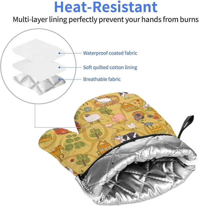 Farm Animals Design Oven Mitts of 2-Pack Set, Funny Kitchen Gloves Heat Resistant Non-Slip Kitchen Mitts Safe Cooking Baking Grilling