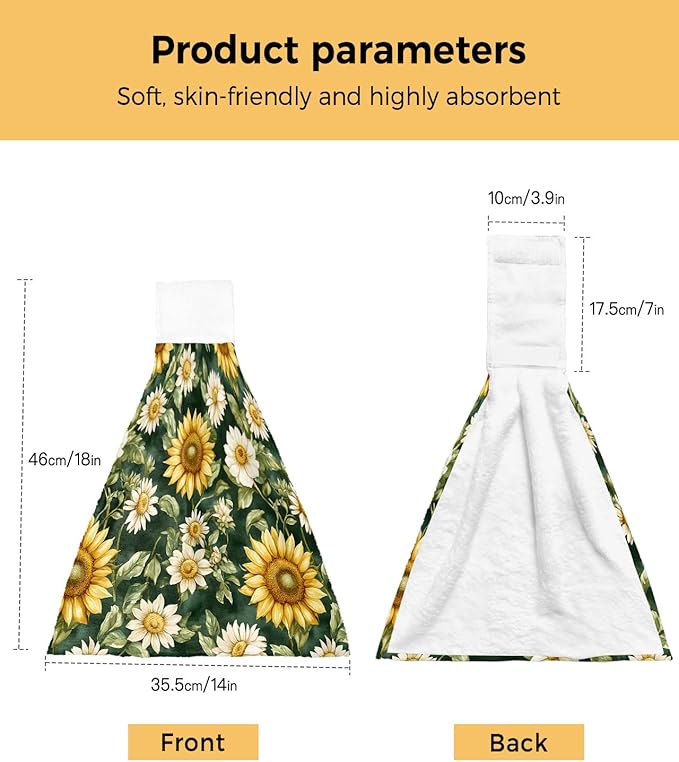 Alandar Home Kitchen Tie Towel Set of 2, Country Sunflower Green Watercolor Leaves Absorbent Soft Hand Towels for Bathroom Hanging Towels, Blossom Floral Fast Drying Cleaning Cloth with Loop