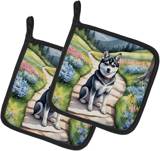 Caroline's Treasures Alaskan Klee Kai Spring Garden Pair of Pot Holders Kitchen Heat Resistant Pot Holders Sets Oven Hot Pads for Cooking Baking BBQ, 7 1/2 x 7 1/2