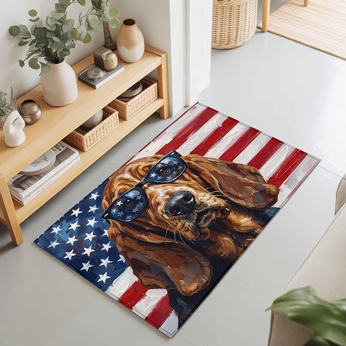 Area Rug 2x3ft, Independence Day USA Flag Washable Rugs for Living Room Bedroom, Basset Hound Patriotic Sunglasses Soft Non-Slip Area Rugs Rectangle Floor Carpet for Dining Room