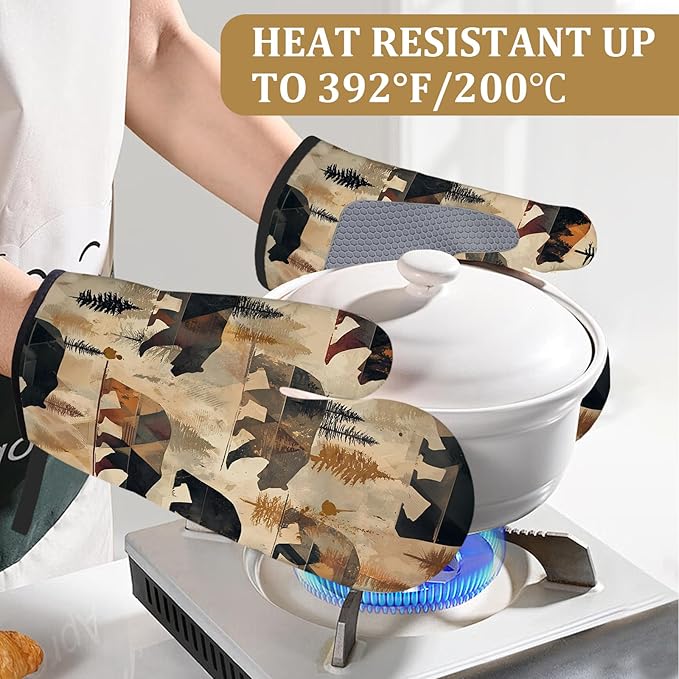 Vintage Rustic Bear Oven Mitts and Pot Holders Sets 4Pcs Forest Animal Silicone Kitchen Gloves Heat Resistant Potholders for Baking Cooking Grilling BBQ