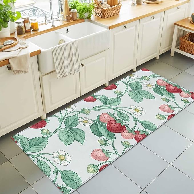 Runner Rug for Bedroom Hallway, Strawberries White Flowers Kitchen Runner Rugs Area Rug 2x6ft, Rustic Garden Botanical Washable Soft Floor Carpet for Entryway Stair