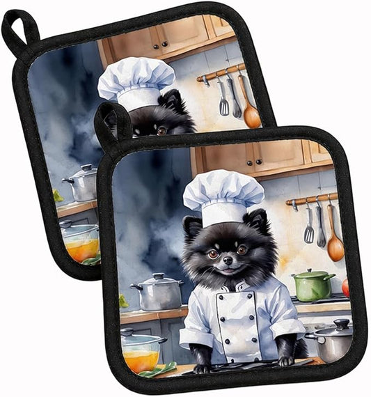 Caroline's Treasures Pomeranian The Chef Pair of Pot Holders Kitchen Heat Resistant Pot Holders Sets Oven Hot Pads for Cooking Baking BBQ, 7 1/2 x 7 1/2