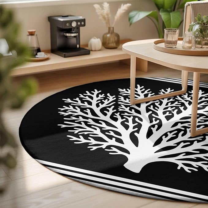Washable Round Area Rug Coastal Coral Reef Texture Circle Rugs Floor Carpet for Living Room Bedroom, Ocean Theme Black White Soft Non Slip Round Rug 3ft