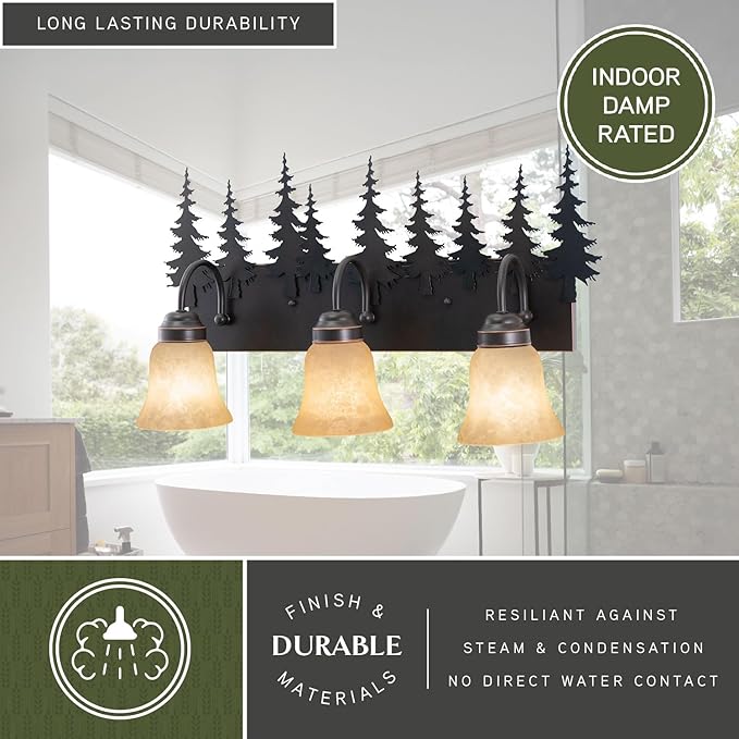 VAXCEL Yosemite 3-Light 24.75 inch Wide Burnished Bronze Rustic Cabin Bathroom Vanity Lighting Fixture, Amber Flake Glass Shade, Tree Motif, Dimmable, LED Compatible, Over the Mirror Wall Mounted