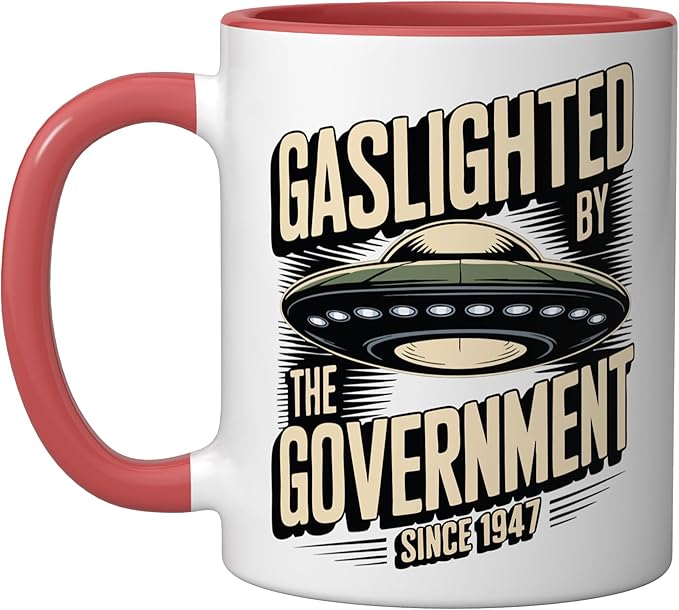 Alien UFO Gaslighted by the Government 1947 Ceramic Mug, Red/White