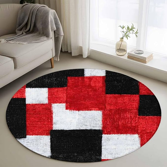 Washable Round Area Rug Red Black White Gradient Circle Rugs Floor Carpet for Living Room Bedroom, Abstract Color Block Soft Non Slip Round Rug 3ft
