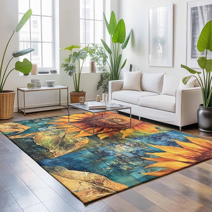 Area Rug 4x6ft, Rustic Golden Sunflower on Teal Blue Washable Rugs for Living Room Bedroom, Abstract Floral Soft Non-Slip Area Rugs Rectangle Floor Carpet for Dining Room