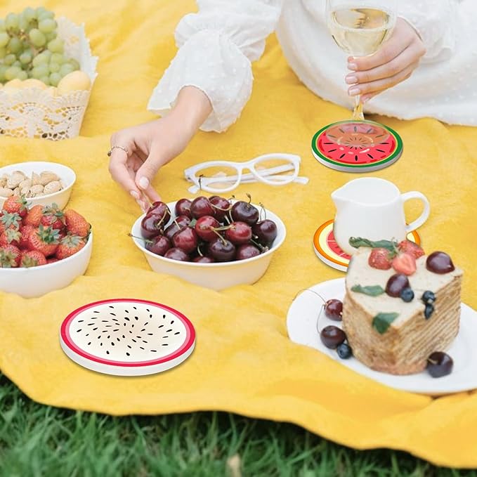Coasters for Drinks Set of 6, Cute Fruits Round Ceramic Coasters Summer Fruit Kitchen Decor with Cork Base and Metal Holder, Non-Slip Tabletop Protection Mat for Mugs Cups Coaster, Housewarming Gift