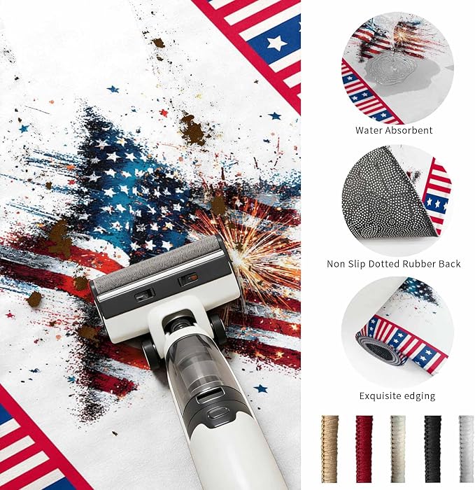 Washable Round Area Rug 4th of July Stars Stripes Abstract Flag Circle Rugs Floor Carpet for Living Room Bedroom, Patriotic Theme Soft Non Slip Round Rug 3ft