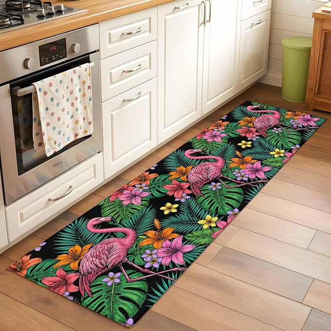 Runner Rug for Bedroom Hallway, Pink Flamingos Tropical Leaf Kitchen Runner Rugs Area Rug 2x6ft, Colorful Lily Blossom Floral Washable Soft Floor Carpet for Entryway Stair