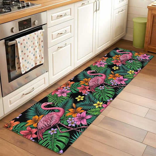 Runner Rug for Bedroom Hallway, Pink Flamingos Tropical Leaf Kitchen Runner Rugs Area Rug 2x6ft, Colorful Lily Blossom Floral Washable Soft Floor Carpet for Entryway Stair