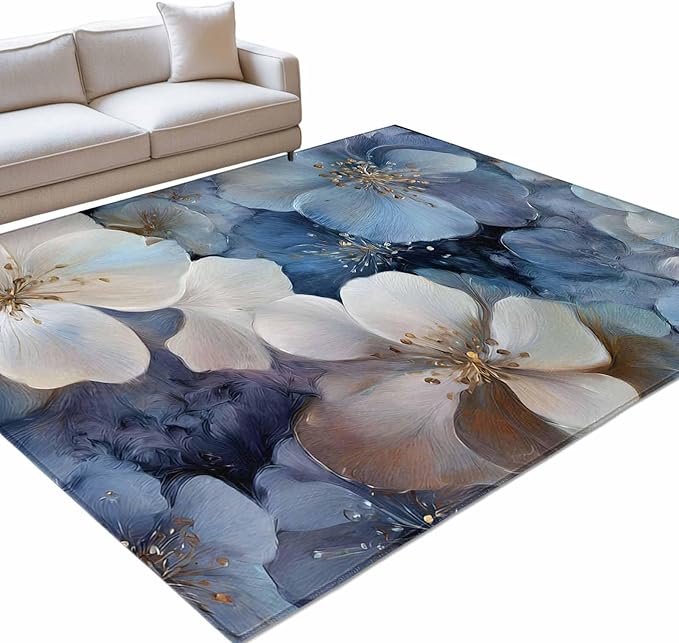Area Rug 3x5ft, Watercolor White Navy Blue Floral Foliage Washable Rugs for Living Room Bedroom, Abstract Flower Soft Non-Slip Area Rugs Rectangle Floor Carpet for Dining Room