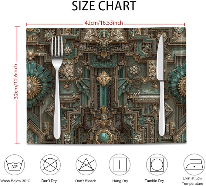 Baroque Style Table Mats Set of 4, Retro Metal Fixtures Washable Non-Slip Place Mats Heat Insulation Placemats for Kitchen Dinning Restaurant, 30 x 45cm, Bronze