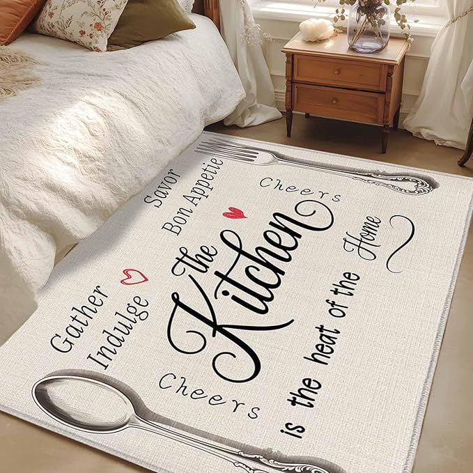 Area Rug 3x5ft, Spoon Fork Vintage Farmhouse Washable Rugs for Living Room Bedroom, Abstract Love Retro Linen Soft Non-Slip Area Rugs Rectangle Floor Carpet for Dining Room