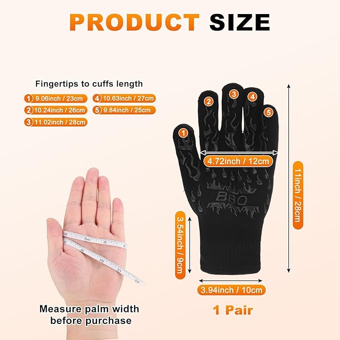 M METERXITY 1-Pair BBQ Gloves, 1472°F Heat Resistant Non-Slip Grilling Oven Gloves for Barbecue/Baking/Cooking [S Size, Black]