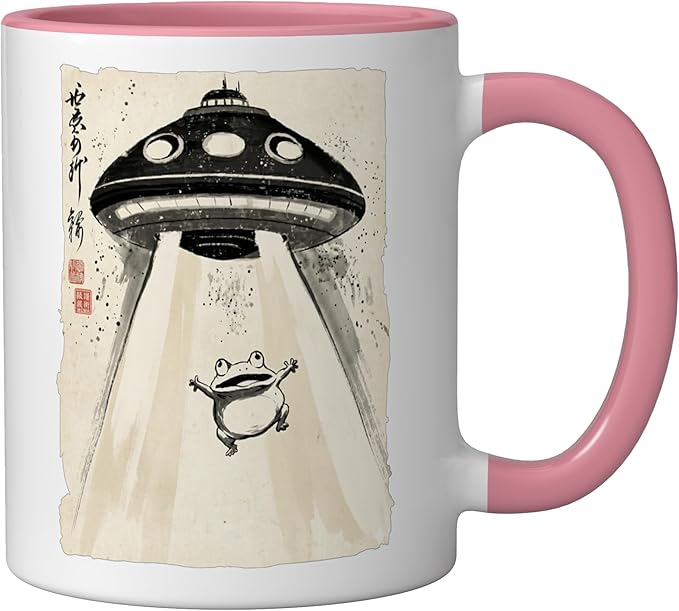 Ukiyo-e Style UFO Abducting Cute Frog Ink Art Painting Ceramic Mug, Pink/White