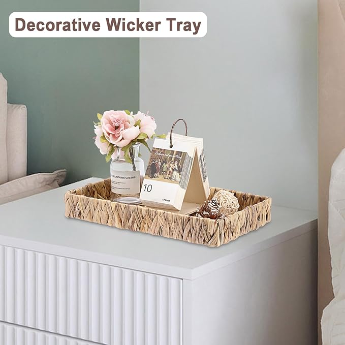 Decorative Key Holder for Entryway Table Handwoven Natural Water Hyacinth Basket Tray Rectangular Serving Tray, 11.9" x 7.9" x 1.6"