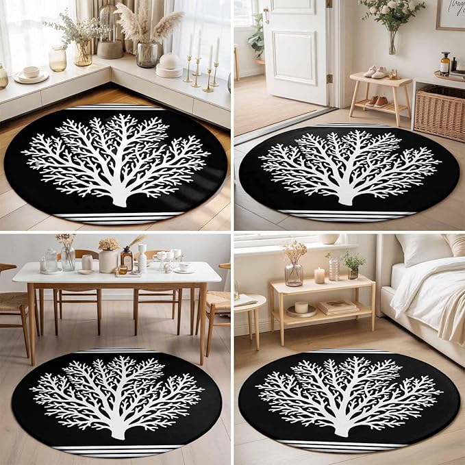 Washable Round Area Rug Coastal Coral Reef Texture Circle Rugs Floor Carpet for Living Room Bedroom, Ocean Theme Black White Soft Non Slip Round Rug 5ft