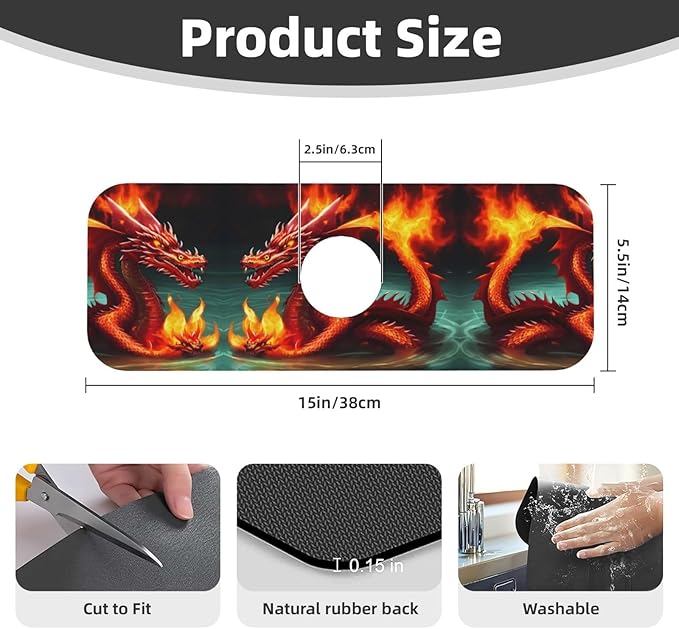 Dragon King in Fire Printed Faucet Absorbent mat, Suitable for bathrooms, Kitchens, and Other Sink Areas.