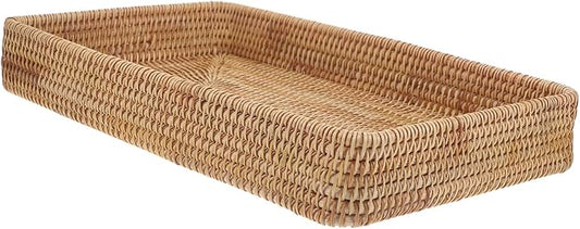 HEALLILY Rectangular Rattan Tray 14.76X9.25X1.96In Hand Woven Decorative Storage Organizer Serving Tray for Kitchen Coffee Table Bathroom