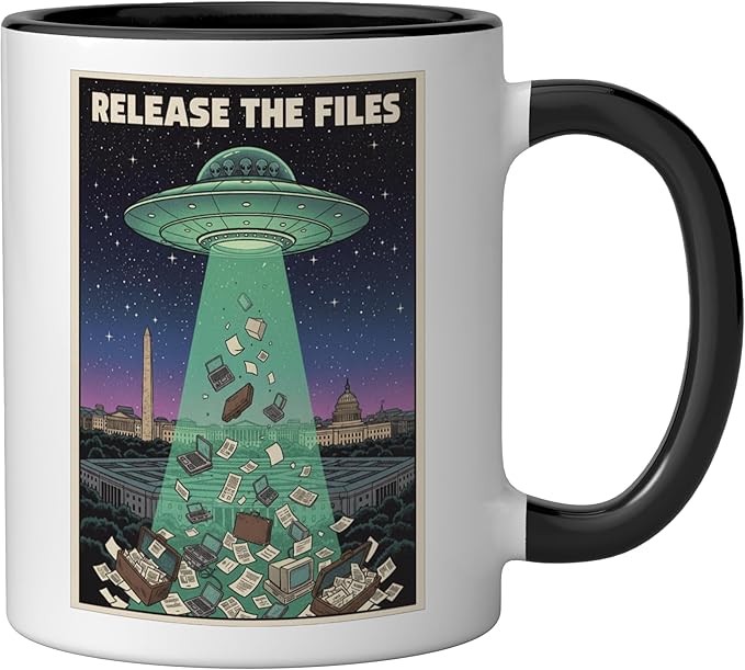 Release the Files UFO Disclosure UAP Alien Conspiracy Ceramic Mug, Black/White