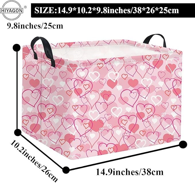 HIYAGON Rectangular Valentines Basket Baby Girl Storage Bin Pink Basket Organizer Box Heart Room Decor(Pink Heart)