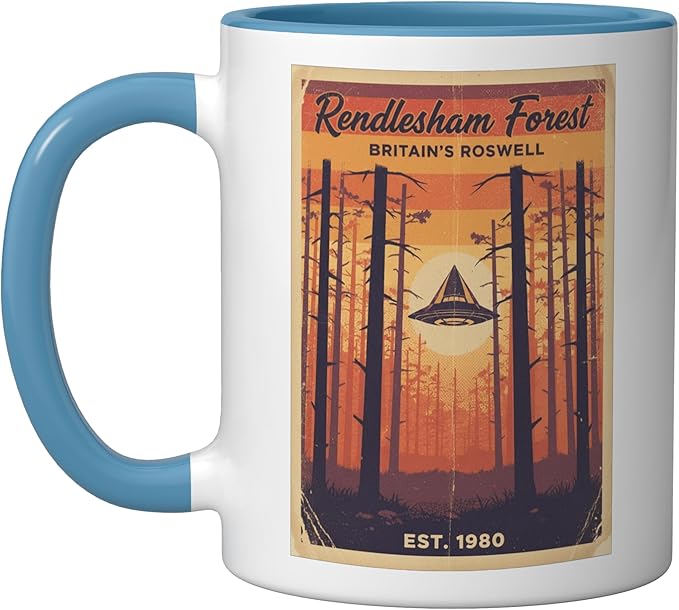Rendlesham Forest UFO Alien Vintage UK Flying Saucer Ceramic Mug, Blue/White