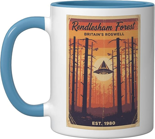 Rendlesham Forest UFO Alien Vintage UK Flying Saucer Ceramic Mug, Blue/White