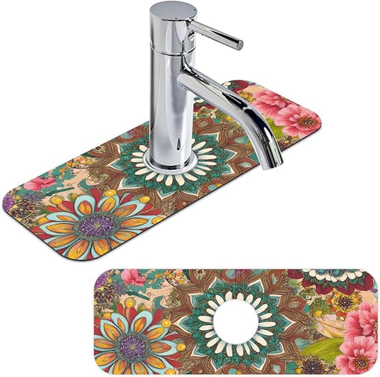Bohemian Floral Sink Faucet Mat, Vintage Kitchen Faucet Absorbing Mat, Diatomaceous Earth Sink Splash Guard for Kitchen & Bathroom, Exotic Home Decor Accessory, 15.4"x5.7"