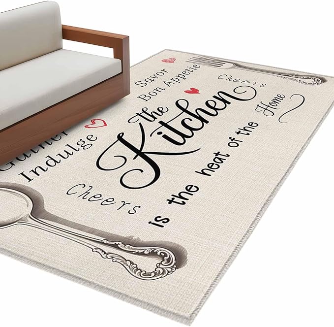 Area Rug 3x5ft, Spoon Fork Vintage Farmhouse Washable Rugs for Living Room Bedroom, Abstract Love Retro Linen Soft Non-Slip Area Rugs Rectangle Floor Carpet for Dining Room