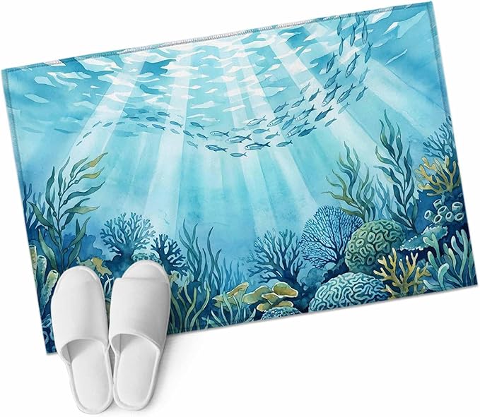 Area Rug 2x3ft, Underwater World Coral Seaweed Washable Rugs for Living Room Bedroom, Seafloor Ocean Life Fish Soft Non-Slip Area Rugs Rectangle Floor Carpet for Dining Room