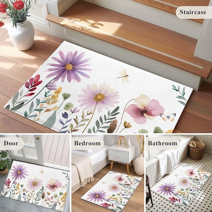Area Rug 2x3ft, Country Field Purple Flowers Washable Rugs for Living Room Bedroom, Farm Floral Art Soft Non-Slip Area Rugs Rectangle Floor Carpet for Dining Room