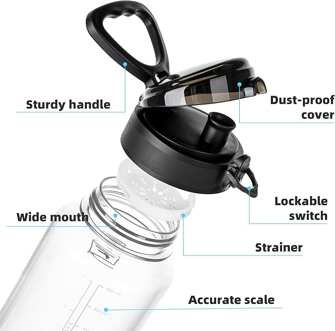 Fanhaw 32 Oz Clear Tritan Water Bottle, BPA-Free & Leak-Proof, Wide Mouth with Anti-dust Chug Lid, Reusable Plastic Bottle for Gym, Travel, School & Office (Clear&Black)