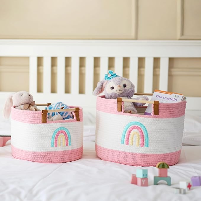Large Blanket Basket Living Room 35L Baby Laundry Basket Toy Bin for Babies Toddlers Storage Baskets for Organizing Toys, Woven Cotton Rope Laundry Hamper for Nursery Storage Girls Gift Baskets Empty