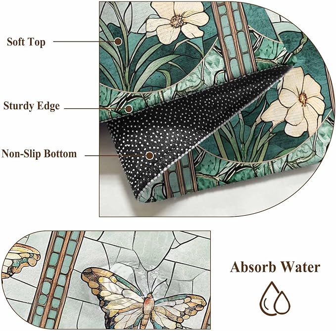 Washable Round Area Rug Spring Flower Colorful Butterfly Circle Rugs Floor Carpet for Living Room Bedroom, Vintage Green Plant Soft Non Slip Round Rug 3ft