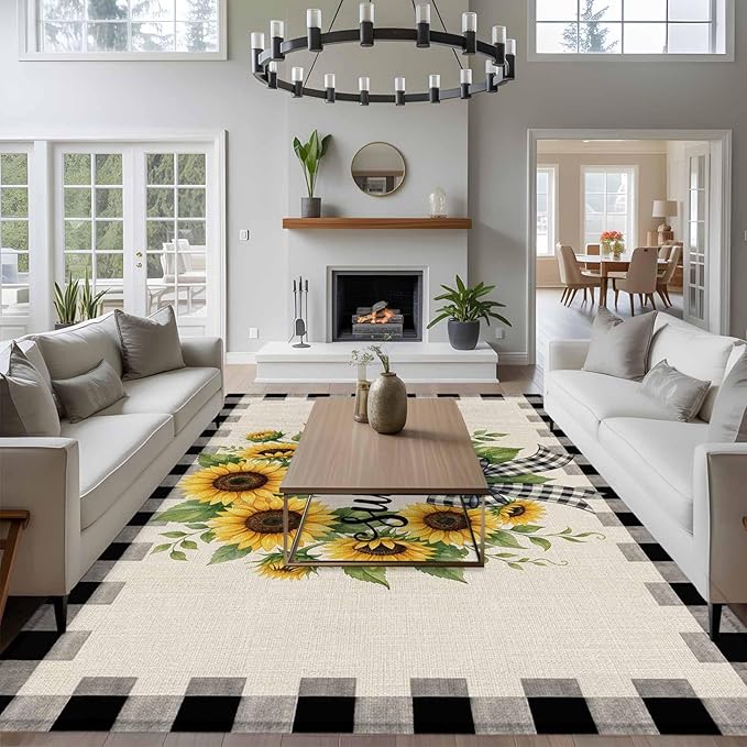 Area Rug 6x9ft, Summer Words Farm Sunflowers Washable Rugs for Living Room Bedroom, Butterflies Country Floral Soft Non-Slip Area Rugs Rectangle Floor Carpet for Dining Room