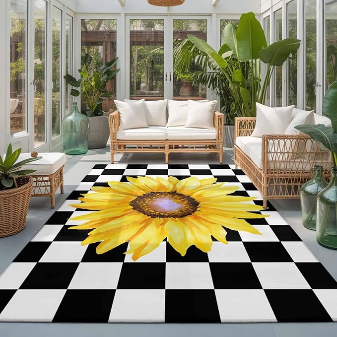 Area Rug 3x5ft, Watercolor Sunflower on Checkered Washable Rugs for Living Room Bedroom, Yellow Black White Soft Non-Slip Area Rugs Rectangle Floor Carpet for Dining Room