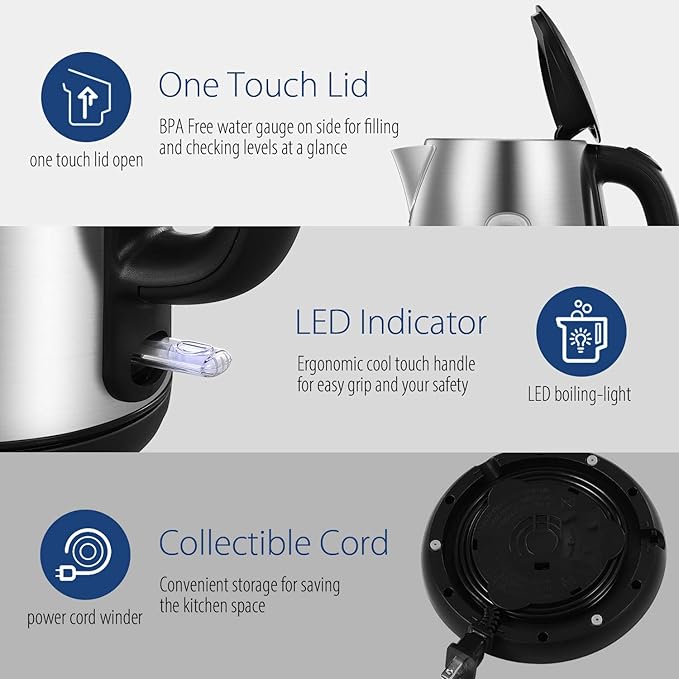 COMFEE' Stainless Steel Electric Kettle, 1.7 Liter Tea Kettle Electric & Hot Water Kettle, 1500W Fast Boil with LED Light, Auto Shut-Off and Boil-Dry Protection