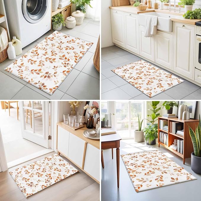Area Rug 2x3ft, Autumn Orange Leaf Botanical Washable Rugs for Living Room Bedroom, Abstract Vine Pattern Soft Non-Slip Area Rugs Rectangle Floor Carpet for Dining Room