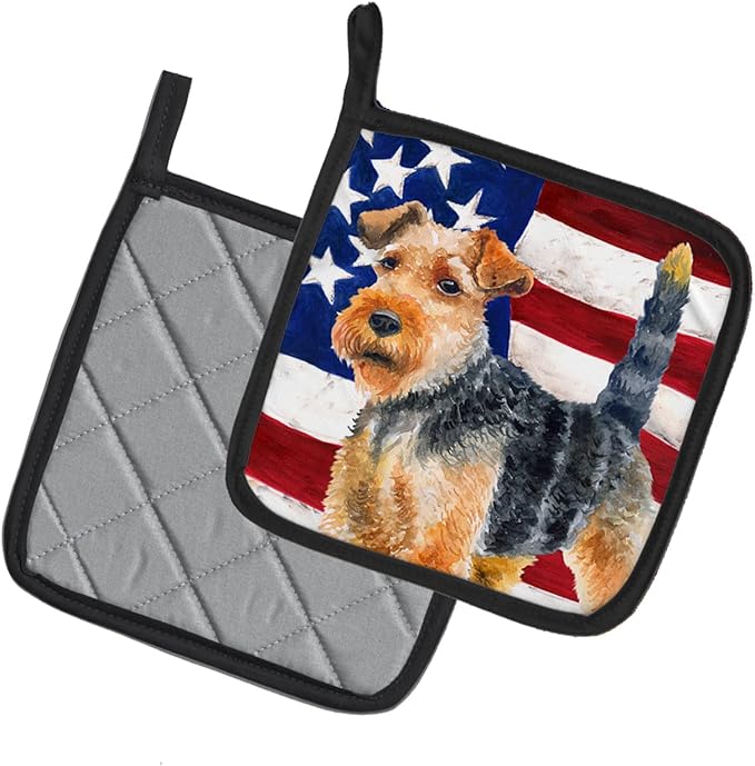 Caroline's Treasures BB9700PTHD Welsh Terrier Patriotic Pair of Pot Holders Kitchen Heat Resistant Pot Holders Sets Oven Hot Pads for Cooking Baking BBQ, 7 1/2 x 7 1/2