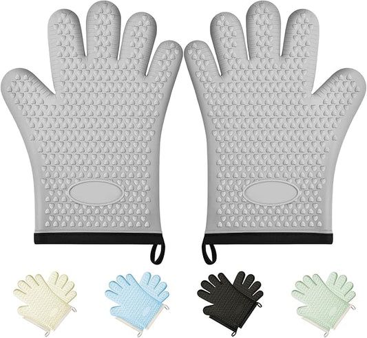Silicone Oven Mitts Oven Gloves with Fingers, Oven Mitts Heat Resistant 450°F, Oven Mits Waterproof & Non-Slip, Cotton Lined for Kitchen, Home, Baking, BBQ, 2 Piece (Grey)