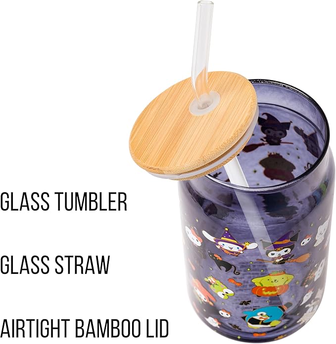 Silver Buffalo Sanrio Hello Kitty & Friends Halloween Kuromi, My Melody, Cinnamoroll, Chococat, Pompompurin, Keroppi, Tuxedo Sam, Badtz-Maru Glass Jar Tumbler w Bamboo Lid and Glass Straw, 16 Ounces