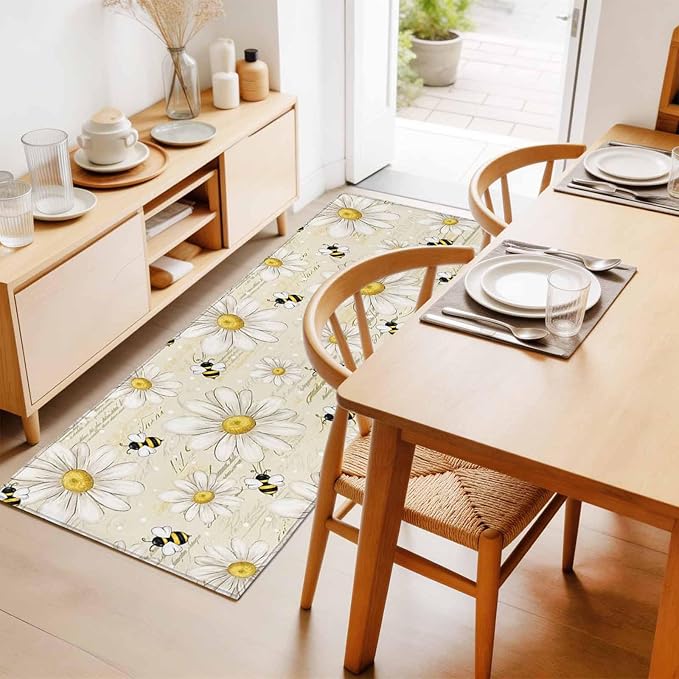 Runner Rug for Bedroom Hallway, Retro Watercolor White Floral Bee Kitchen Runner Rugs Area Rug 2x6ft, Summer Daisy Letter Texture Washable Soft Floor Carpet for Entryway Stair