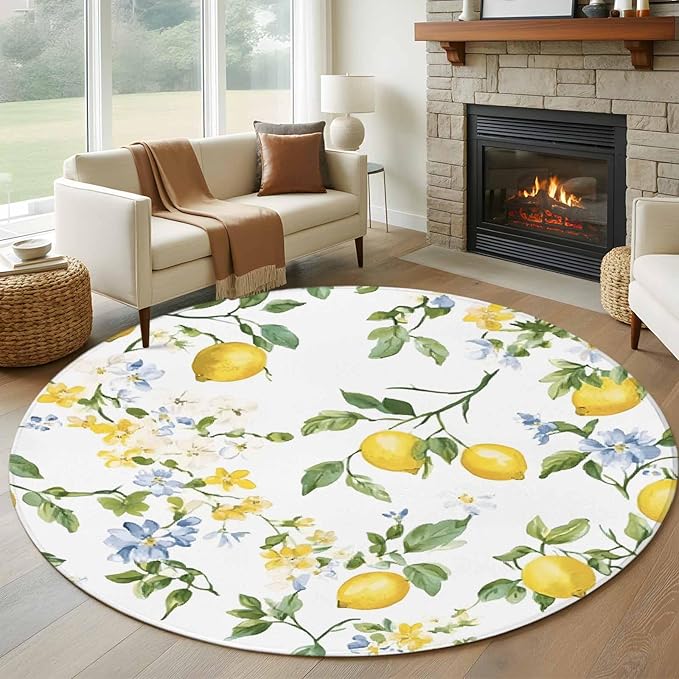 Washable Round Area Rug Summer Watercolor Lemon Flower Circle Rugs Floor Carpet for Living Room Bedroom, Spring Farm Fruit Green Leaf Soft Non Slip Round Rug 5ft
