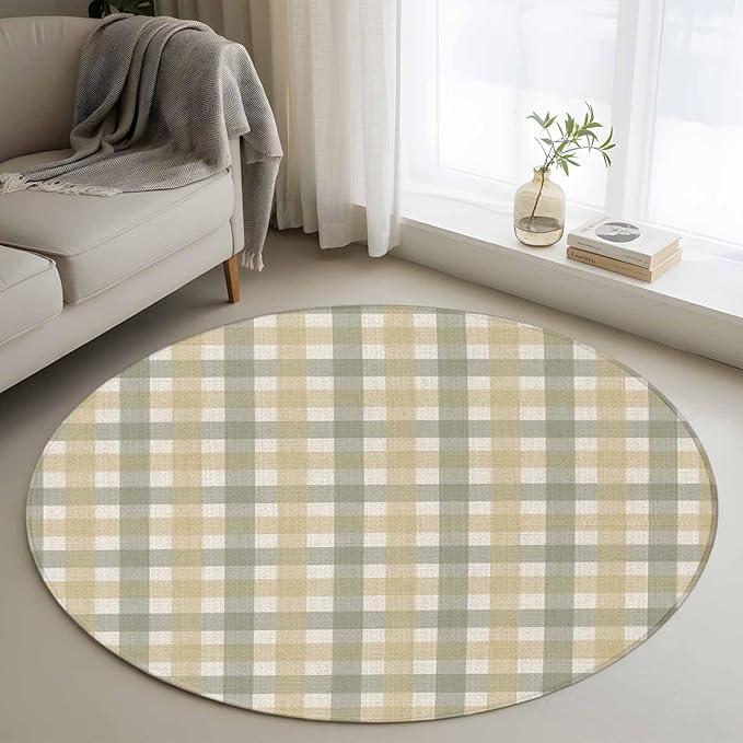 Washable Round Area Rug Farmhouse Vintage Beige Tan Buffalo Plaid Circle Rugs Floor Carpet for Living Room Bedroom, Rustic Linen Soft Non Slip Round Rug 3ft