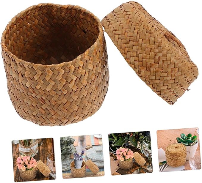 4pcs Hand Woven Seagrass Storage Baskets Lid Rustic Decorative Bins for Organizing Home Kitchen Party Supplies Lightweight Reusable Miniature Containers Yellow