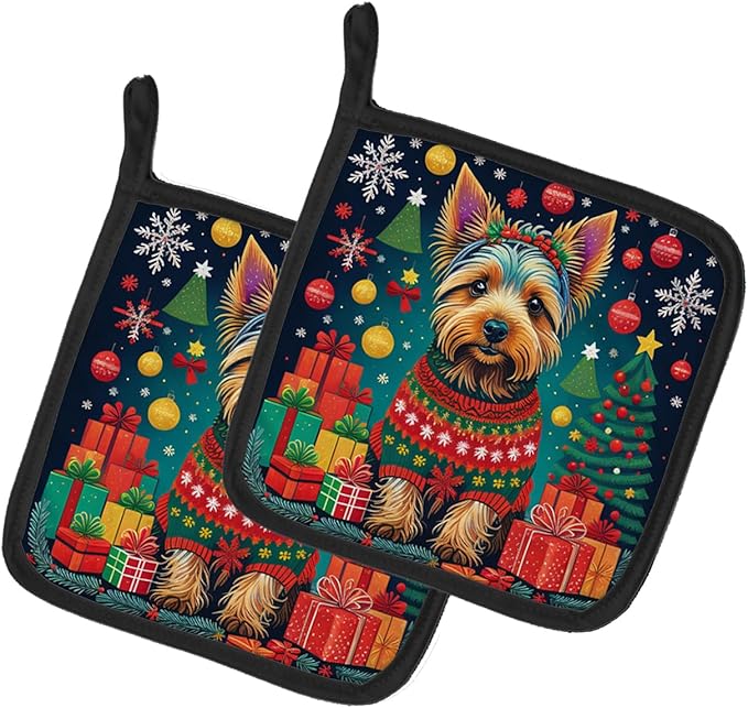 Caroline's Treasures Australian Terrier Christmas Pair of Pot Holders Kitchen Heat Resistant Pot Holders Sets Oven Hot Pads for Cooking Baking BBQ, 7 1/2 x 7 1/2