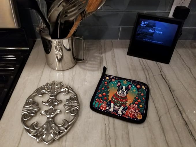 Caroline's Treasures Boston Terrier Christmas Pair of Pot Holders Kitchen Heat Resistant Pot Holders Sets Oven Hot Pads for Cooking Baking BBQ, 7 1/2 x 7 1/2